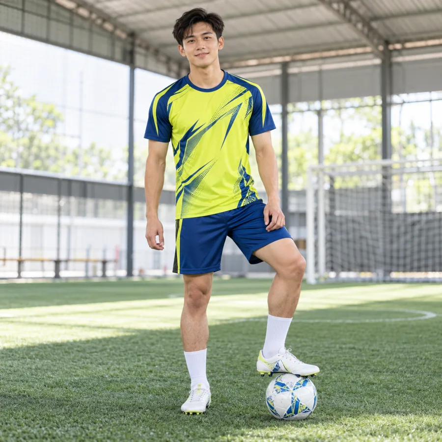Áo bóng đá thiết kế nam vàng chanh phối xanh đậm, vải lạnh co giãn, cổ tròn – hình học mạnh mẽ