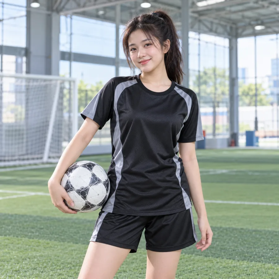 Áo bóng đá câu lạc bộ nữ đen phối xám bạc, vải mè caro thấm hút, cổ tròn – thanh lịch dễ phối logo