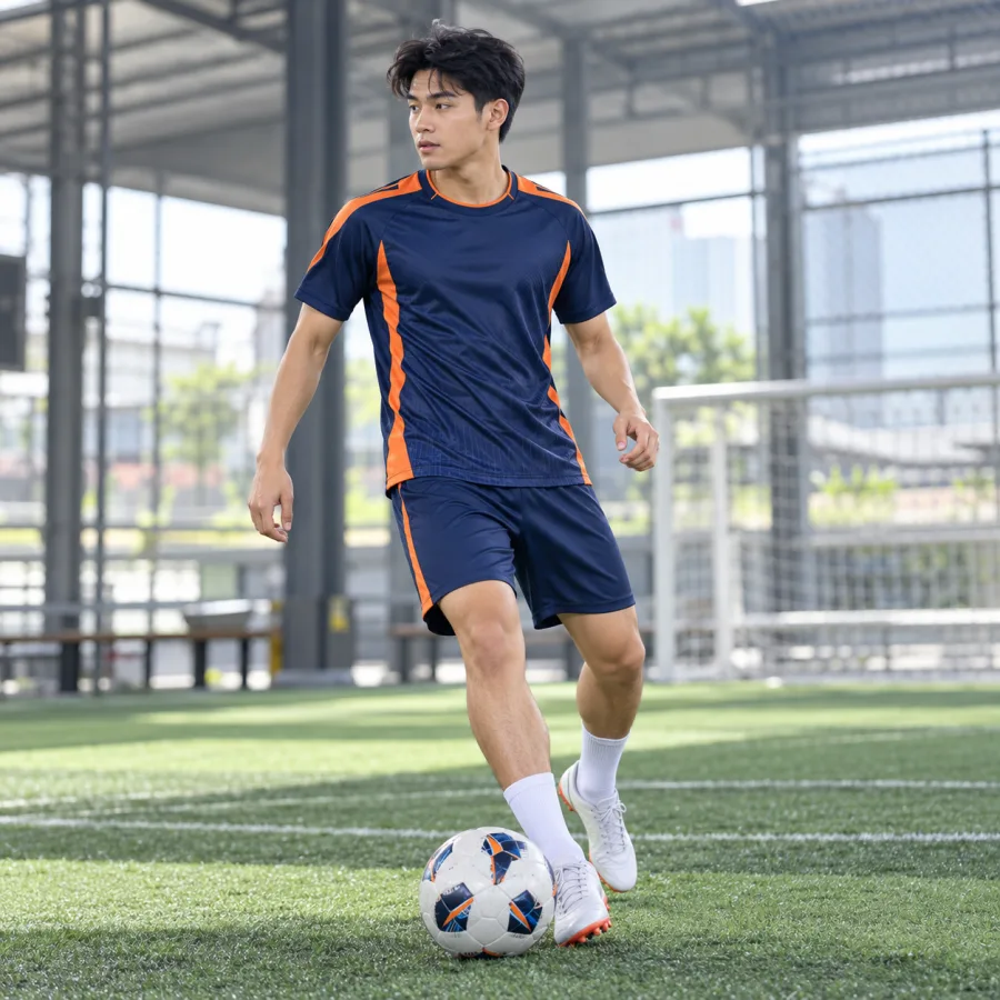 Áo bóng đá câu lạc bộ nam xanh navy phối cam, vải polyester co giãn bốn chiều, cổ tròn – phong cách chuyên nghiệp