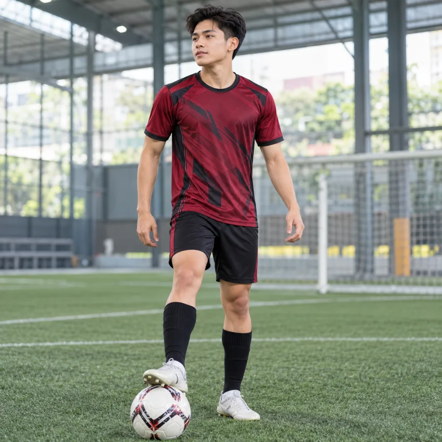 Áo bóng đá câu lạc bộ nam đỏ đô phối đen, vải polyester co giãn bốn chiều, cổ tròn – hình học mạnh mẽ
