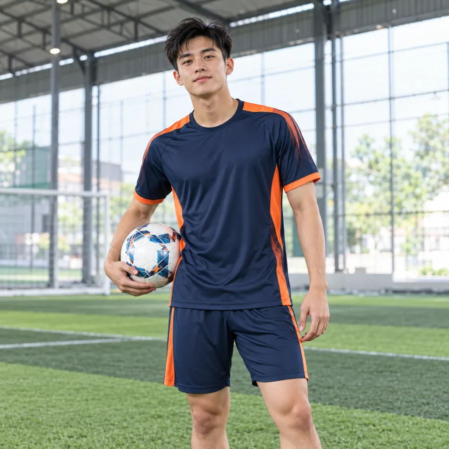 Áo bóng đá câu lạc bộ nam xanh navy phối cam, vải interlock mềm mịn, cổ tròn – tối giản hiện đại