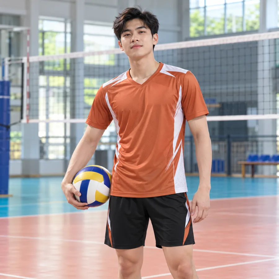 Áo bóng chuyền nam cam đất phối trắng, vải lạnh co giãn, cổ chữ V – phong cách chuyên nghiệp