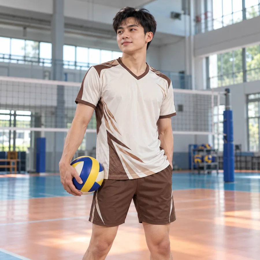 Áo bóng chuyền nam trắng kem phối nâu, vải lạnh co giãn, cổ chữ V – họa tiết năng lượng