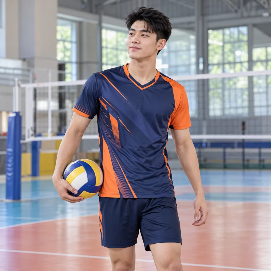 Áo bóng chuyền nam xanh navy phối cam, vải thun thể thao nhanh khô, cổ chữ V – đường cắt bất đối xứng