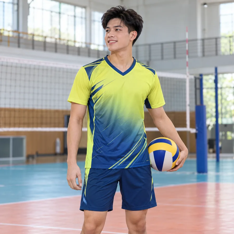 Áo bóng chuyền nam vàng chanh phối xanh đậm, vải thun thể thao nhanh khô, cổ chữ V – gradient chuyển sắc