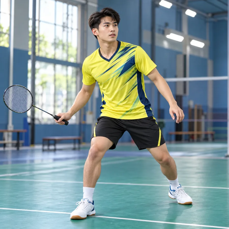 Áo cầu lông nam vàng chanh phối xanh đậm, vải polyester co giãn bốn chiều, cổ chữ V – sọc tốc độ