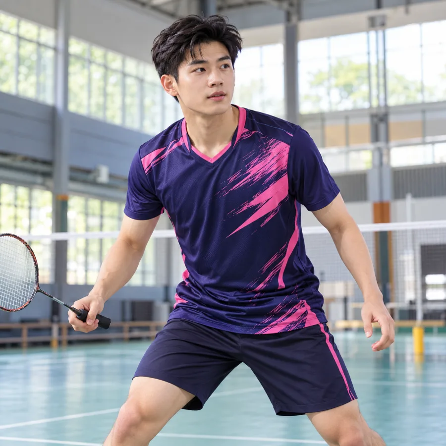Áo cầu lông nam tím than phối hồng, vải polyester co giãn bốn chiều, cổ chữ V – phong cách chuyên nghiệp