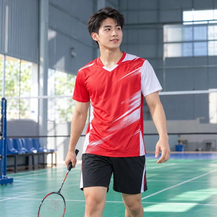 Áo cầu lông nam đỏ tươi phối trắng, vải polyester co giãn bốn chiều, cổ chữ V – phối màu tương phản