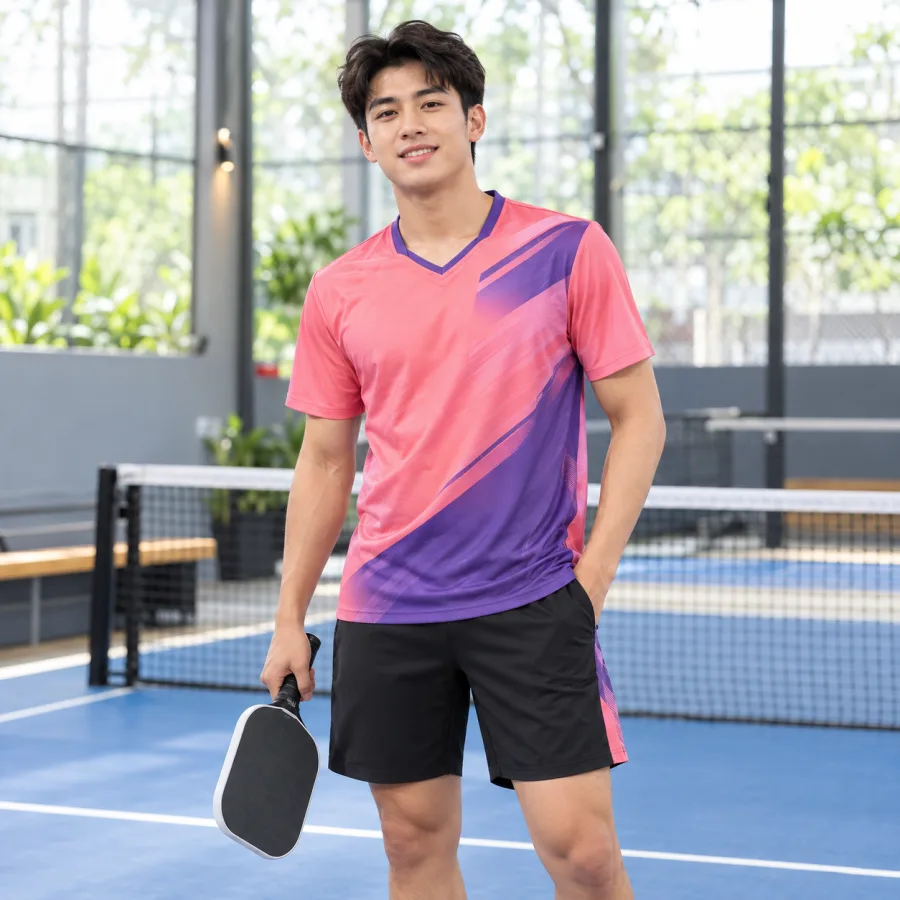Áo Pickleball nam hồng san hô phối tím, vải polyester co giãn bốn chiều, cổ chữ V – đường cắt bất đối xứng