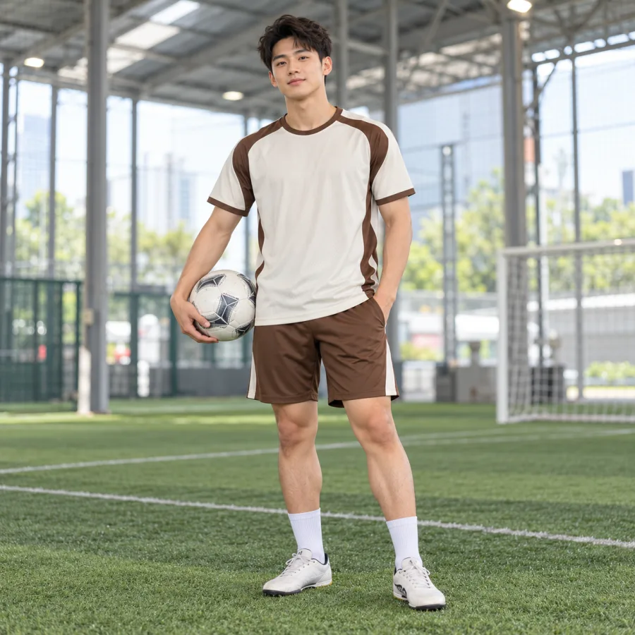 Áo bóng đá thiết kế nam trắng kem phối nâu, vải mè kim thoáng khí, cổ tròn – phối màu tương phản