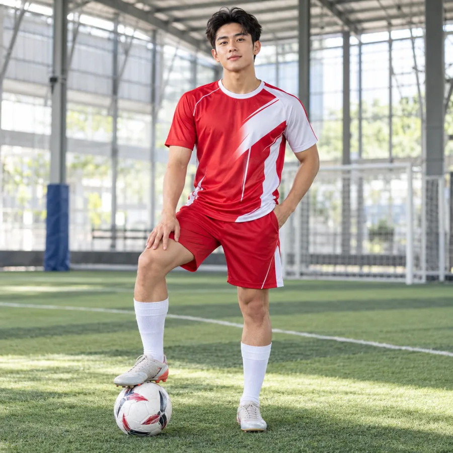 Áo bóng đá thiết kế nam đỏ tươi phối trắng, vải lạnh co giãn, cổ tròn – đường cắt bất đối xứng