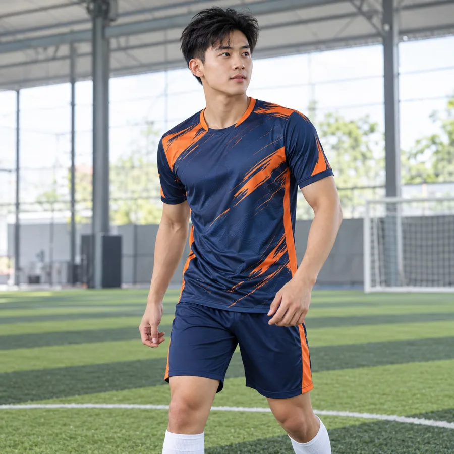 Áo bóng đá thiết kế nam xanh navy phối cam, vải thun thể thao nhanh khô, cổ tròn – họa tiết năng lượng