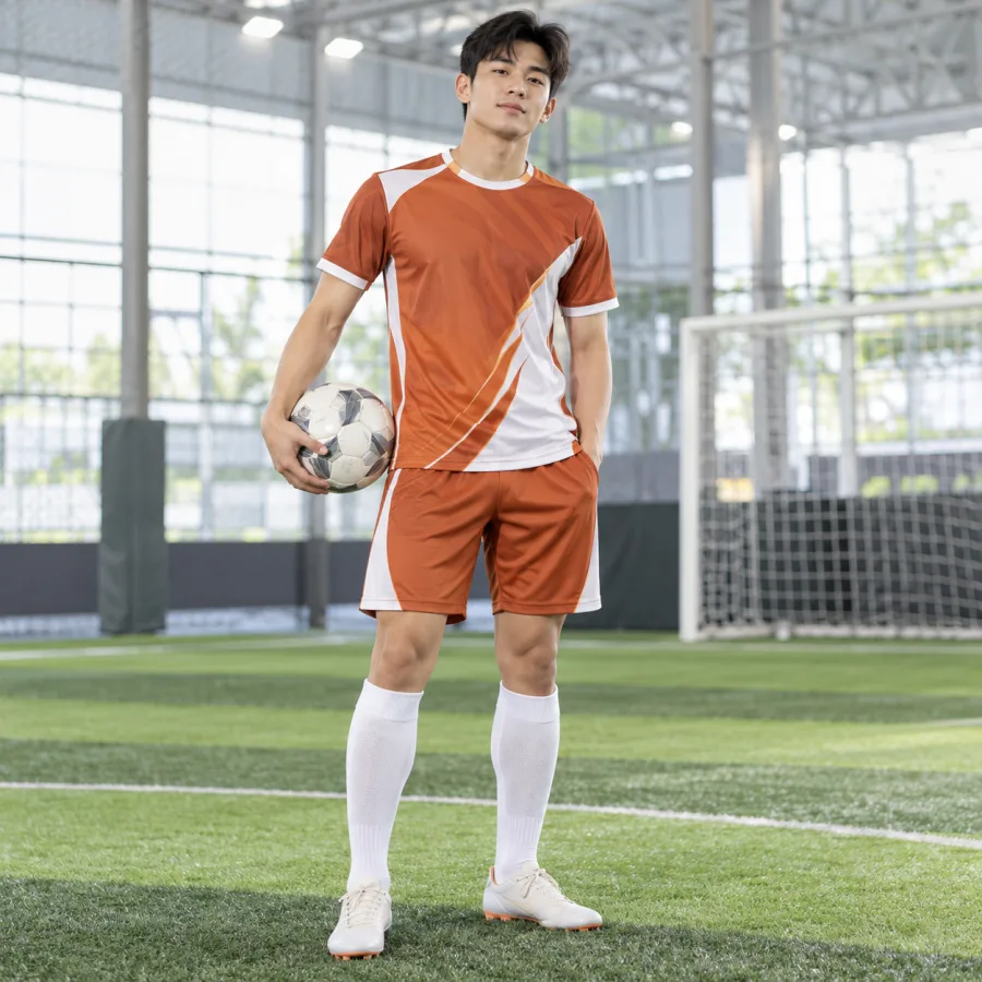 Áo bóng đá câu lạc bộ nam cam đất phối trắng, vải polyester co giãn bốn chiều, cổ tròn – đường cắt bất đối xứng
