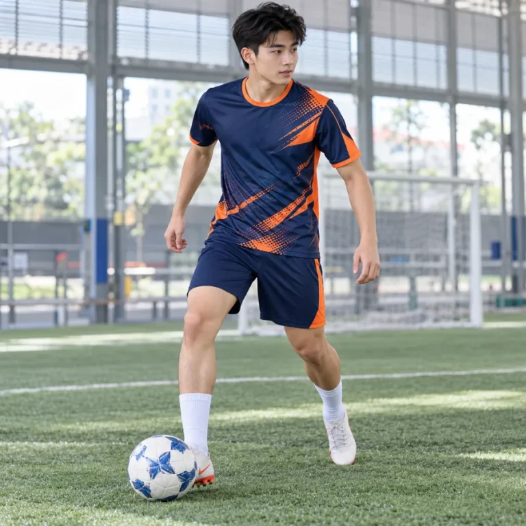 Đồng phục bóng đá doanh nghiệp nam xanh navy phối cam, vải thể thao tái chế, cổ tròn – đường cắt bất đối xứng