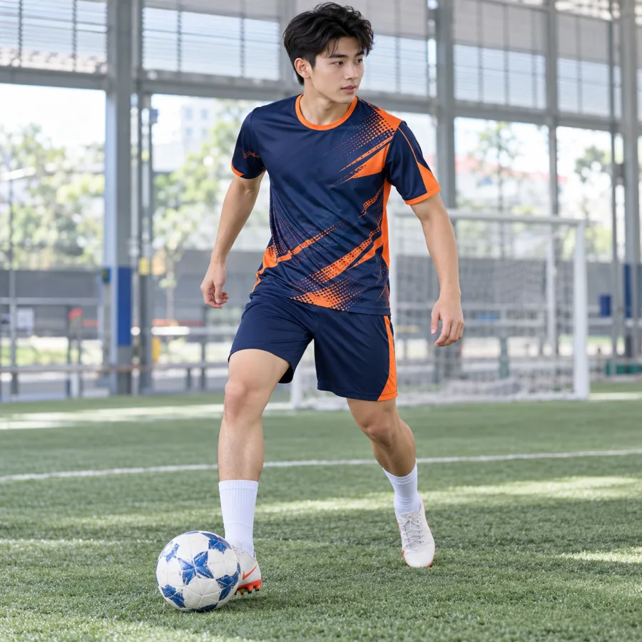 Đồng phục bóng đá doanh nghiệp nam xanh navy phối cam, vải thể thao tái chế, cổ tròn – đường cắt bất đối xứng