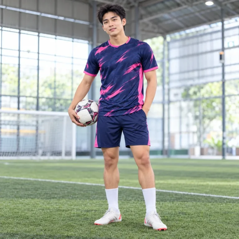 Áo bóng đá đội tuyển phong trào nam tím than phối hồng, vải thể thao tái chế, cổ tròn – họa tiết năng lượng