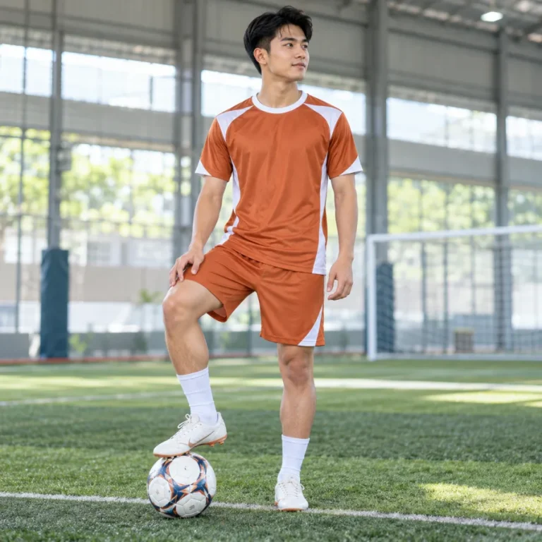Áo bóng đá đội tuyển phong trào nam cam đất phối trắng, vải thể thao tái chế, cổ tròn – tối giản hiện đại