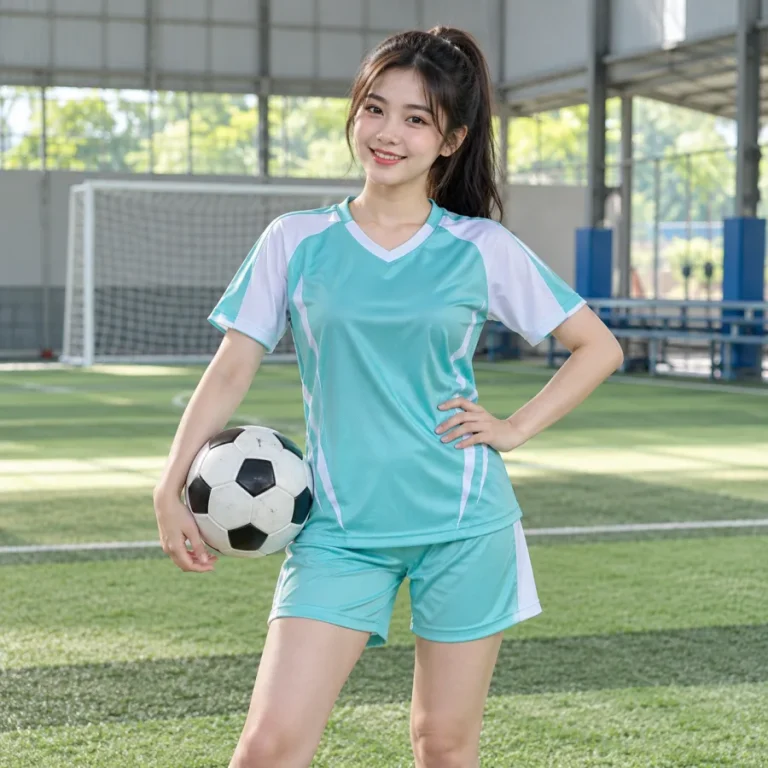Áo bóng đá đội tuyển phong trào nữ xanh ngọc phối trắng, vải mè kim thoáng khí, cổ chữ V – trẻ trung nổi bật