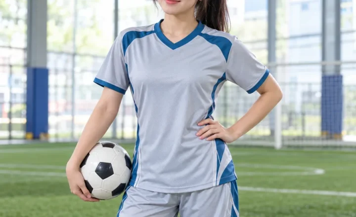 Áo bóng đá đội tuyển phong trào nữ ghi sáng phối xanh, vải mè kim thoáng khí, cổ chữ V – phối màu tương phản