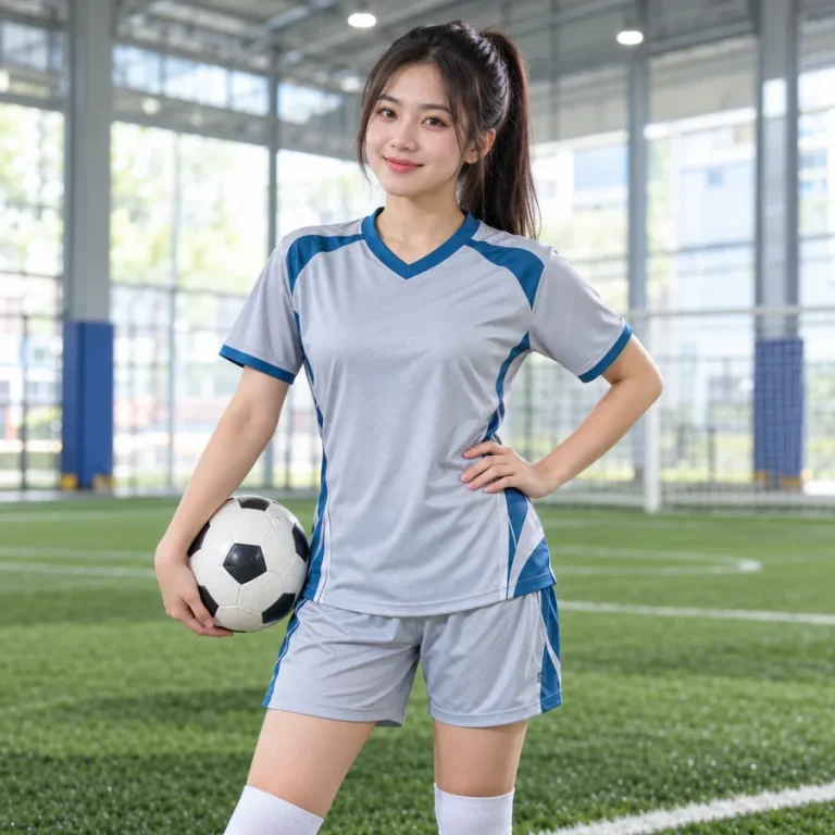 Áo bóng đá đội tuyển phong trào nữ ghi sáng phối xanh, vải mè kim thoáng khí, cổ chữ V – phối màu tương phản