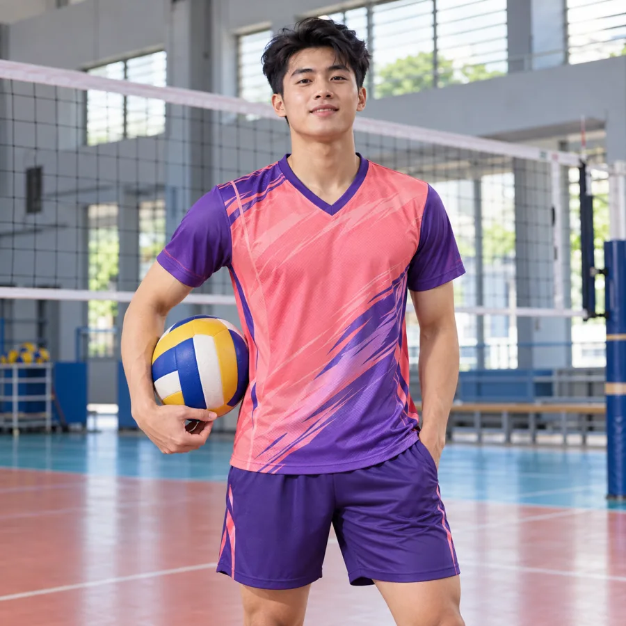 Áo bóng chuyền nam hồng san hô phối tím, vải mè kim thoáng khí, cổ chữ V – họa tiết năng lượng
