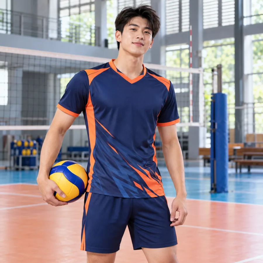 Áo bóng chuyền nam xanh navy phối cam, vải lạnh co giãn, cổ chữ V – hình học mạnh mẽ