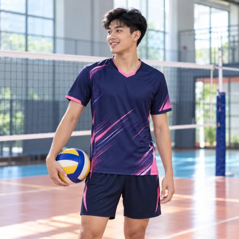 Áo bóng chuyền nam tím than phối hồng, vải lạnh co giãn, cổ chữ V – sọc tốc độ