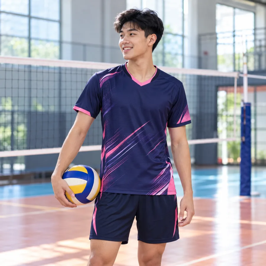Áo bóng chuyền nam tím than phối hồng, vải lạnh co giãn, cổ chữ V – sọc tốc độ