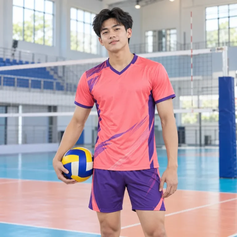 Áo bóng chuyền nam hồng san hô phối tím, vải lạnh co giãn, cổ chữ V – tối giản hiện đại