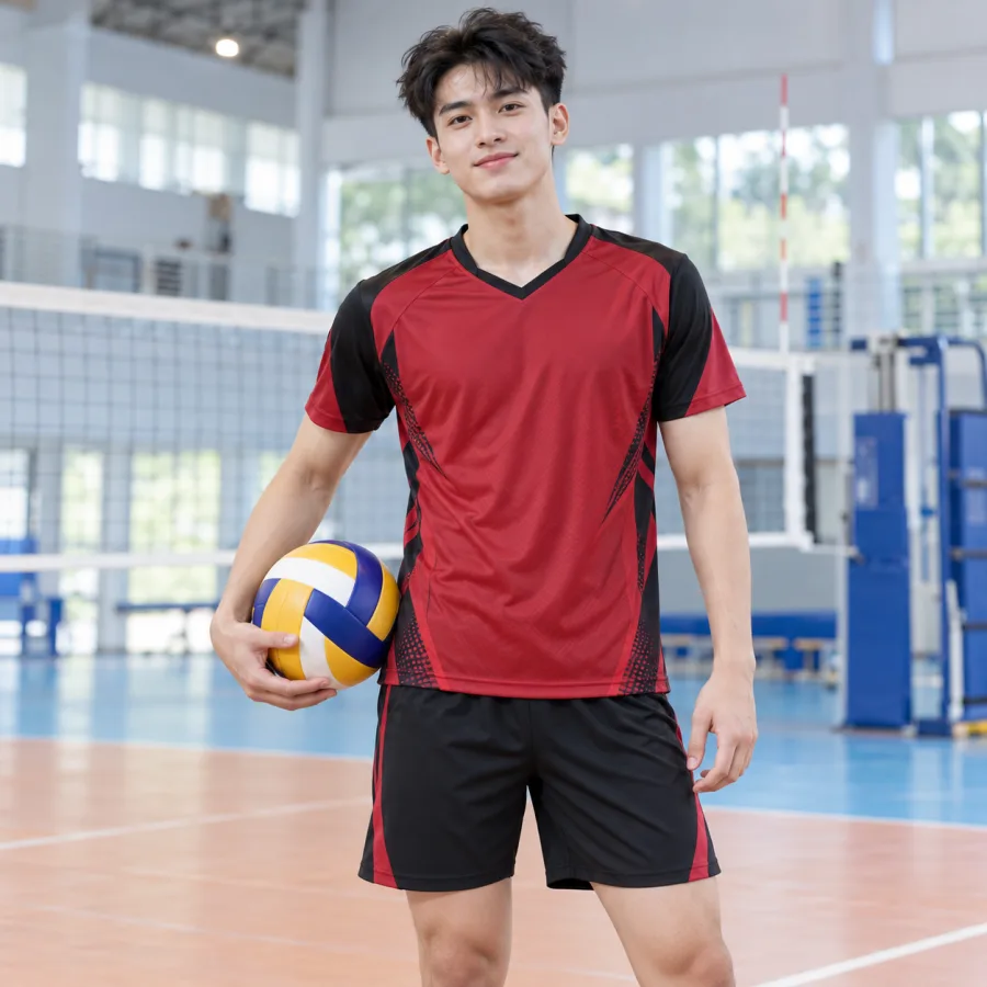 Áo bóng chuyền nam đỏ đô phối đen, vải thun thể thao nhanh khô, cổ chữ V – trẻ trung nổi bật
