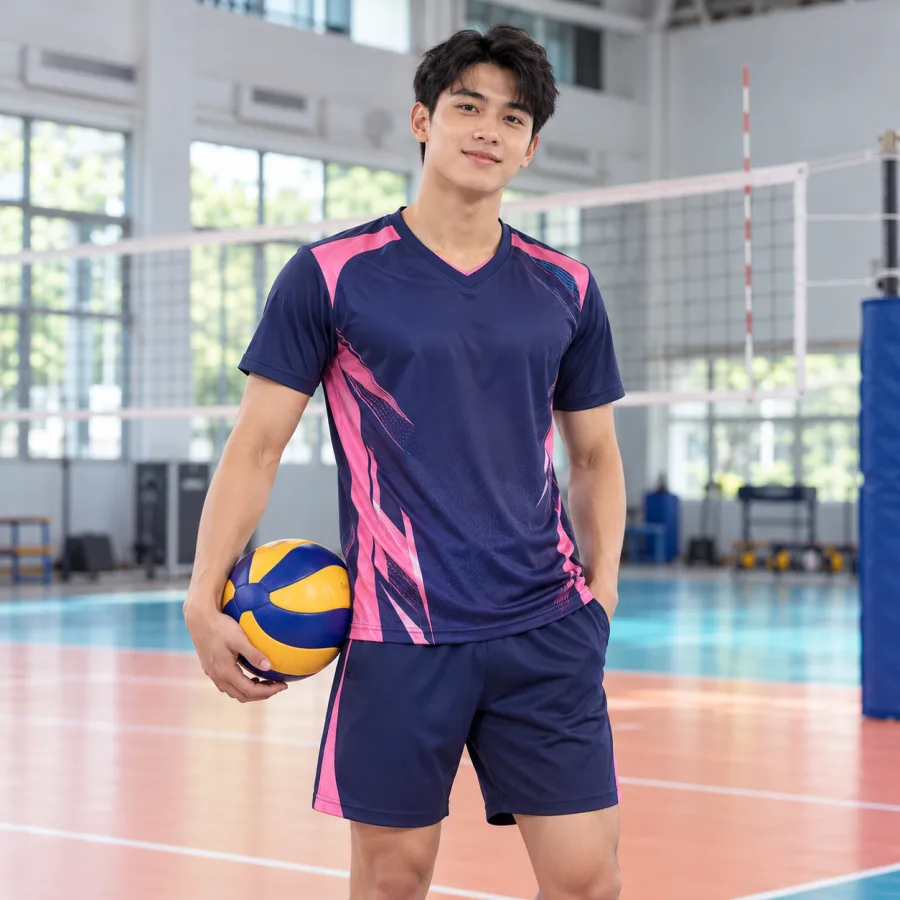 Áo bóng chuyền nam tím than phối hồng, vải thun thể thao nhanh khô, cổ chữ V – phong cách chuyên nghiệp