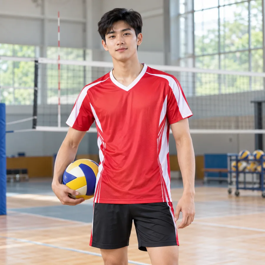 Áo bóng chuyền nam đỏ tươi phối trắng, vải thun thể thao nhanh khô, cổ chữ V – phối màu tương phản