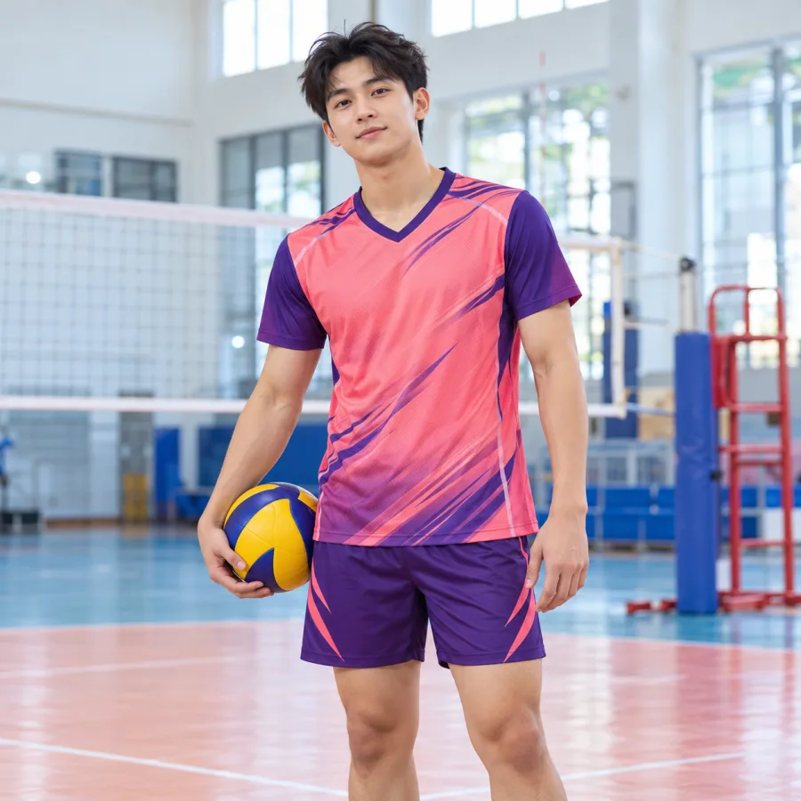 Áo bóng chuyền nam hồng san hô phối tím, vải thun thể thao nhanh khô, cổ chữ V – sọc tốc độ