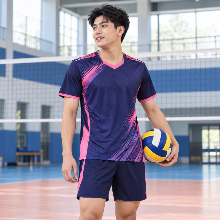 Áo bóng chuyền nam tím than phối hồng, vải lưới nhẹ, cổ chữ V – tối giản hiện đại