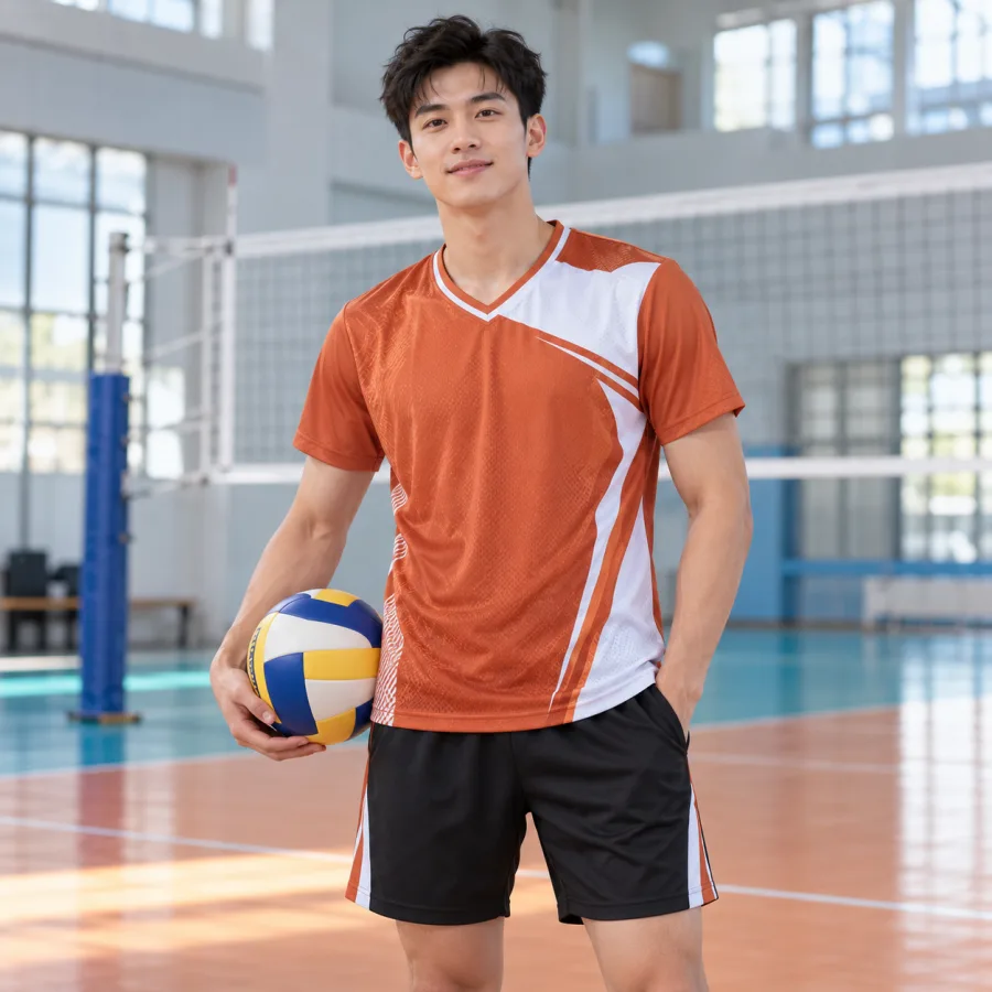 Áo bóng chuyền nam cam đất phối trắng, vải lưới nhẹ, cổ chữ V – đường cắt bất đối xứng