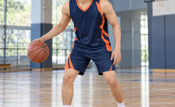 Áo bóng rổ nam xanh navy phối cam, vải polyester co giãn bốn chiều, cổ chữ V – đường cắt bất đối xứng
