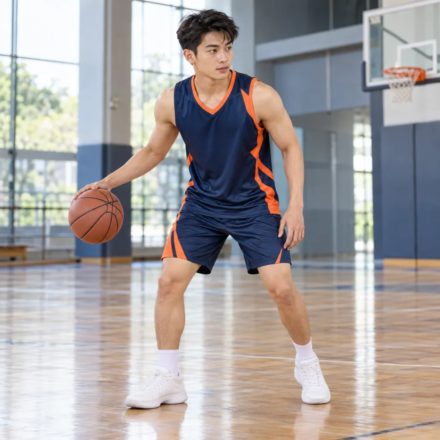 Áo bóng rổ nam xanh navy phối cam, vải polyester co giãn bốn chiều, cổ chữ V – đường cắt bất đối xứng
