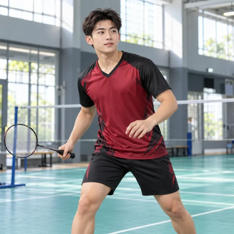 Áo cầu lông nam đỏ đô phối đen, vải polyester co giãn bốn chiều, cổ chữ V – thanh lịch dễ phối logo