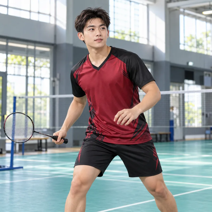 Áo cầu lông nam đỏ đô phối đen, vải polyester co giãn bốn chiều, cổ chữ V – thanh lịch dễ phối logo