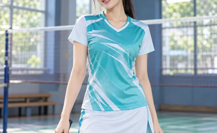 Áo cầu lông nữ xanh ngọc phối trắng, vải polyester co giãn bốn chiều, cổ chữ V – họa tiết năng lượng
