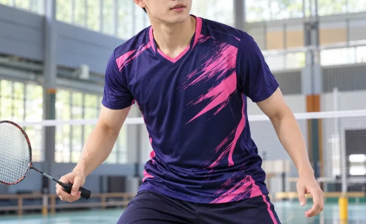 Áo cầu lông nam tím than phối hồng, vải polyester co giãn bốn chiều, cổ chữ V – phong cách chuyên nghiệp