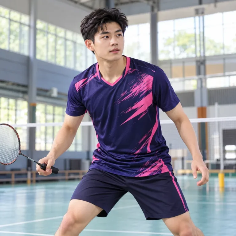 Áo cầu lông nam tím than phối hồng, vải polyester co giãn bốn chiều, cổ chữ V – phong cách chuyên nghiệp