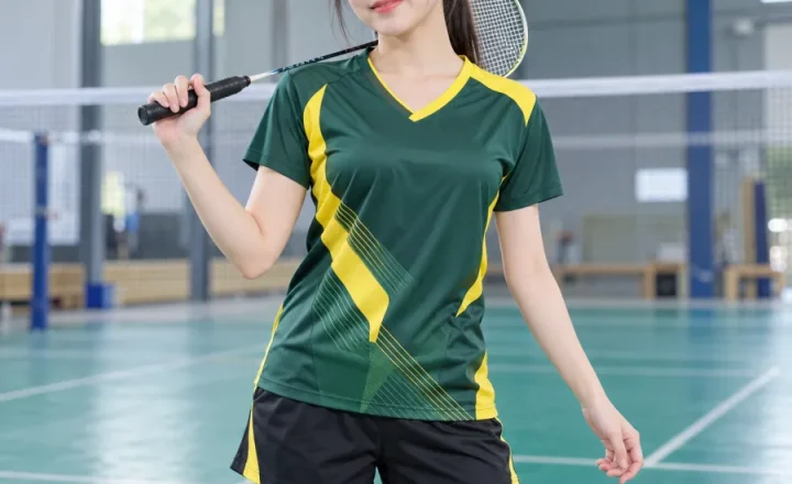 Áo cầu lông nữ xanh rêu phối vàng, vải polyester co giãn bốn chiều, cổ chữ V – đường cắt bất đối xứng