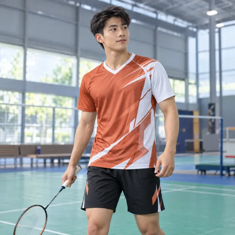 Áo cầu lông nam cam đất phối trắng, vải polyester co giãn bốn chiều, cổ chữ V – hình học mạnh mẽ