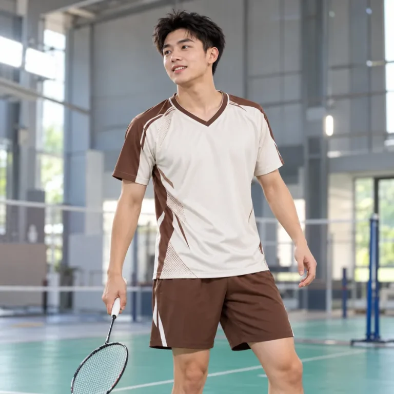Áo cầu lông nam trắng kem phối nâu, vải polyester co giãn bốn chiều, cổ chữ V – tối giản hiện đại