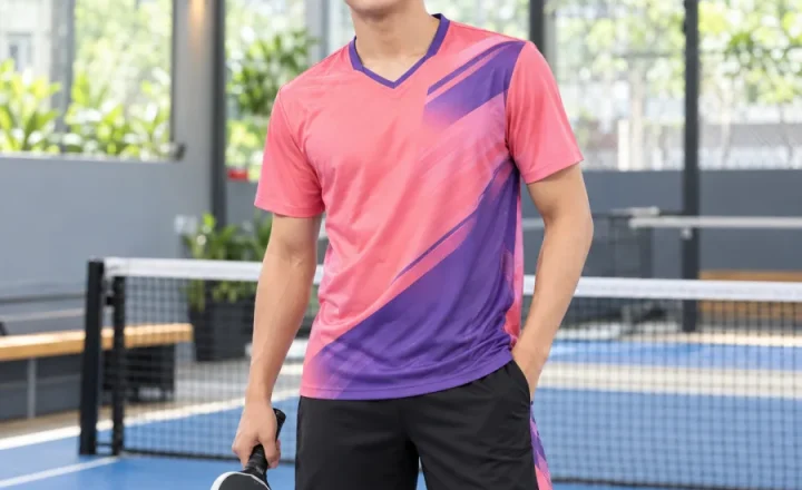 Áo Pickleball nam hồng san hô phối tím, vải polyester co giãn bốn chiều, cổ chữ V – đường cắt bất đối xứng