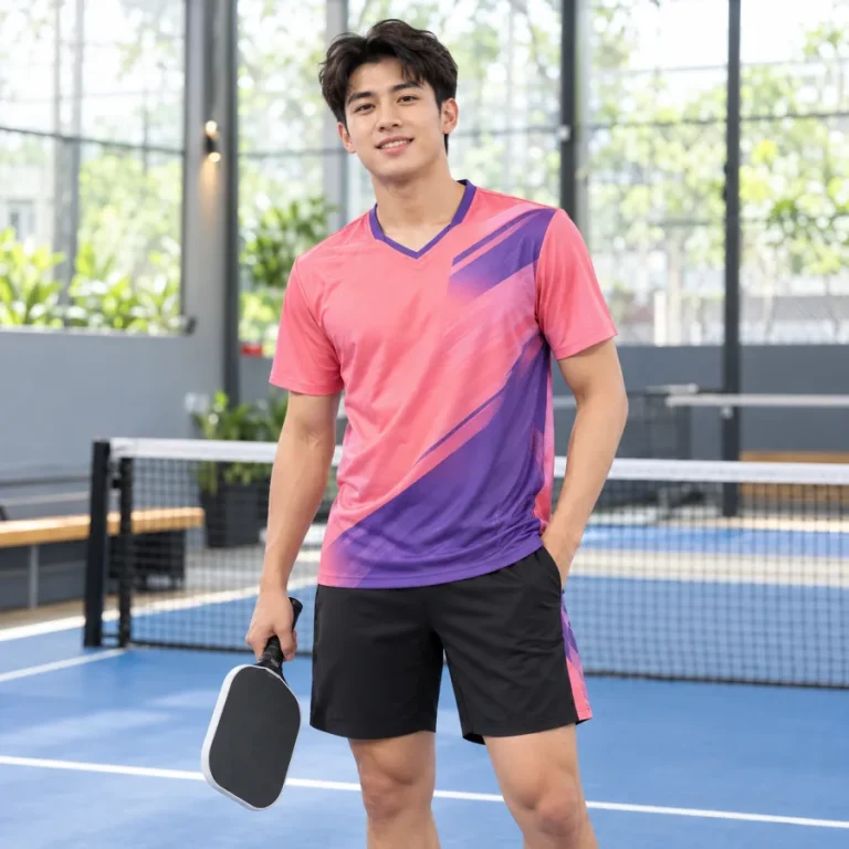 Áo Pickleball nam hồng san hô phối tím, vải polyester co giãn bốn chiều, cổ chữ V – đường cắt bất đối xứng