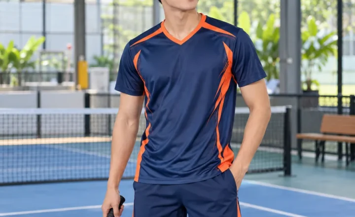 Áo Pickleball nam xanh navy phối cam, vải interlock mềm mịn, cổ chữ V – trẻ trung nổi bật