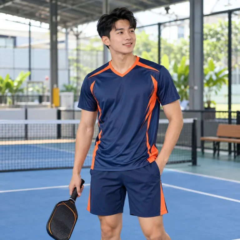 Áo Pickleball nam xanh navy phối cam, vải interlock mềm mịn, cổ chữ V – trẻ trung nổi bật