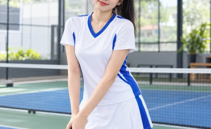 Áo Pickleball nữ trắng phối xanh cobalt, vải interlock mềm mịn, cổ chữ V – phối màu tương phản